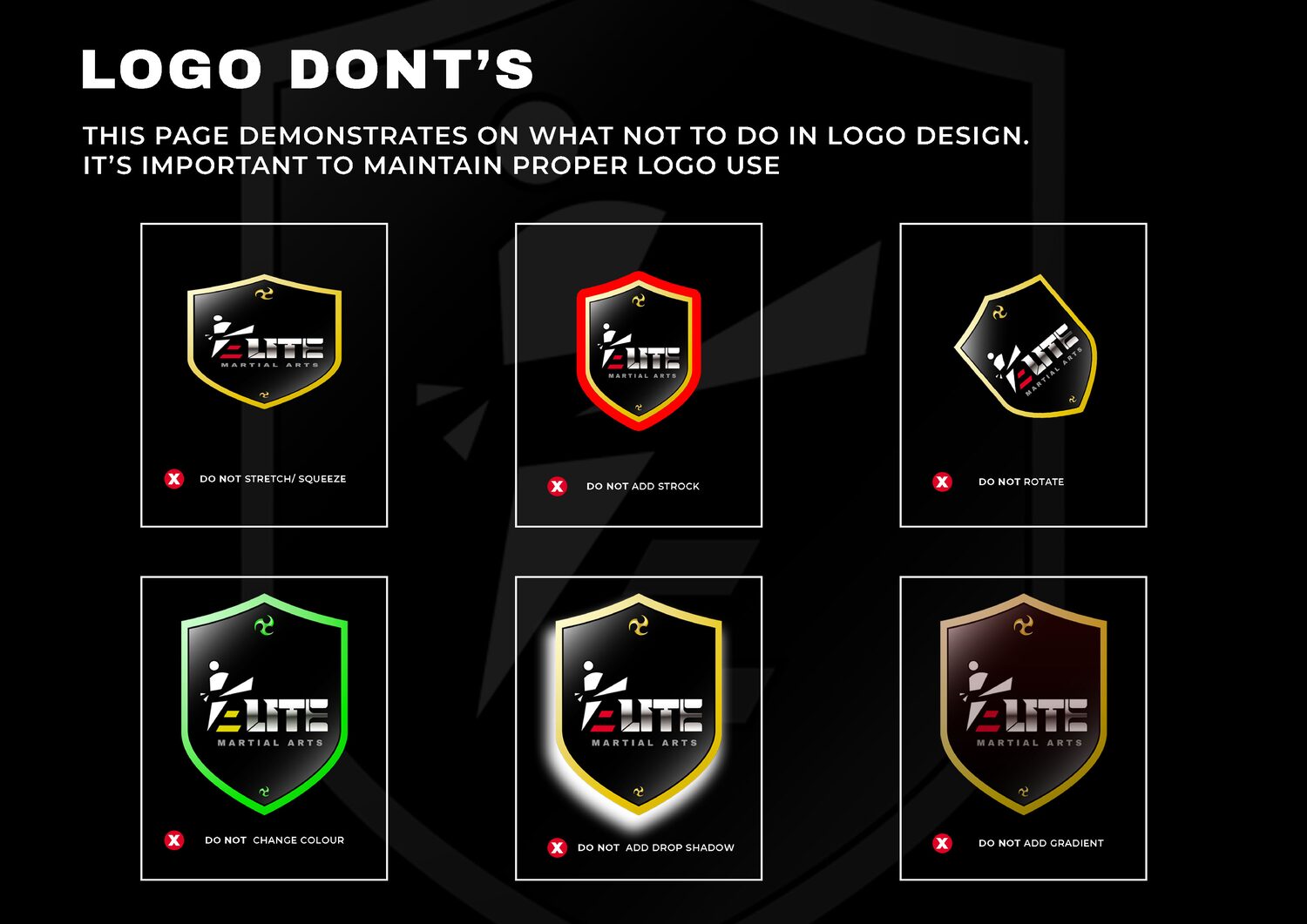 Elite Martial Arts brand book page specifying incorrect logo usage