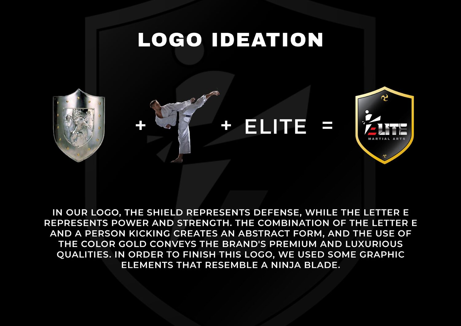 Elite Martial Arts logo ideation showing shield, figure and letterform combining into the crest
