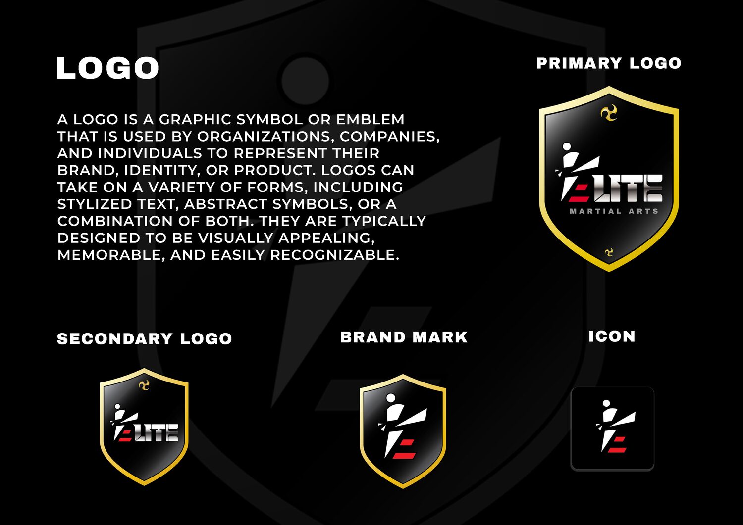 Elite Martial Arts logo system: primary, secondary, brand mark and icon