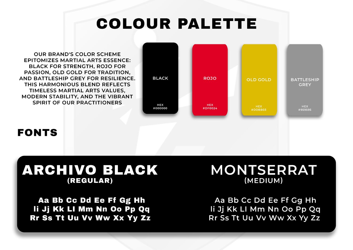 Elite Martial Arts colour palette and typography specification