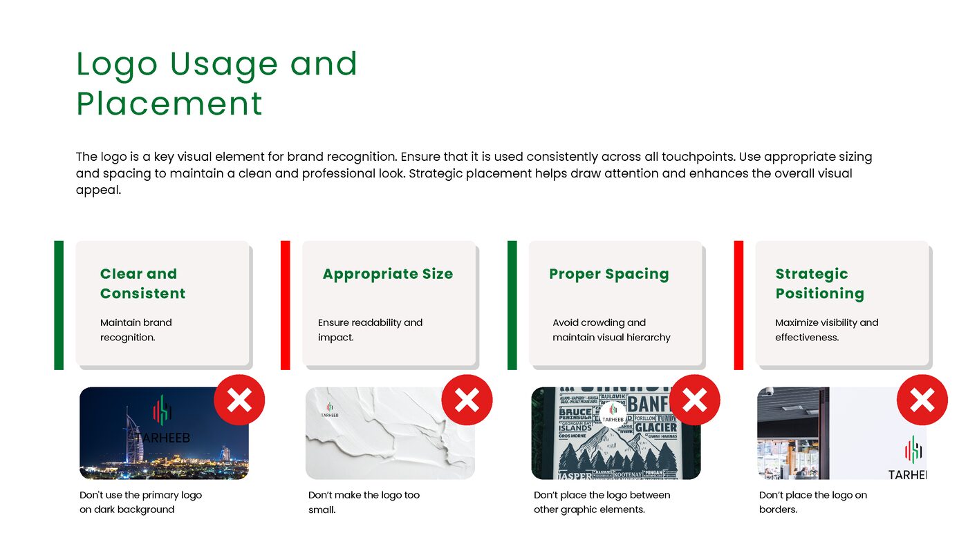 Tarheeb brand guideline page showing correct and incorrect logo usage
